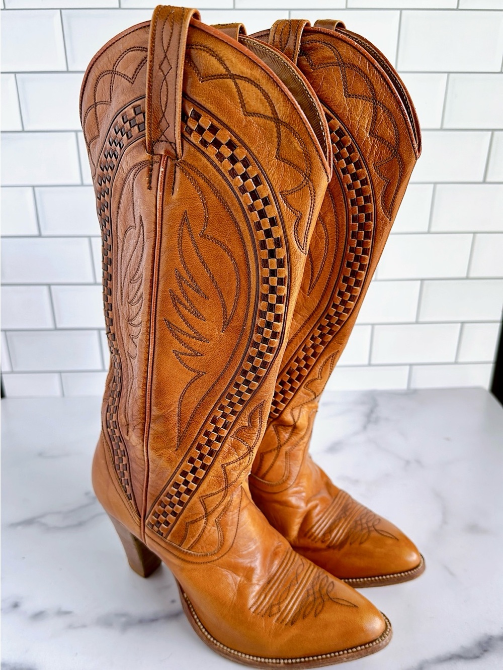 Vintage 70s Dan Post Tan Leather Embroidered Knee-High Western Boots